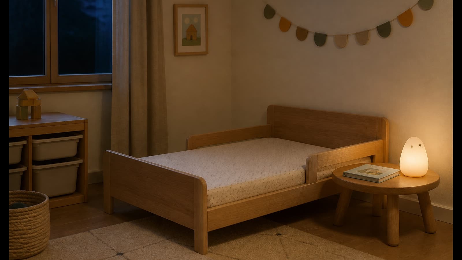 Piccolo letto ordinato con libro e luce calda della sera