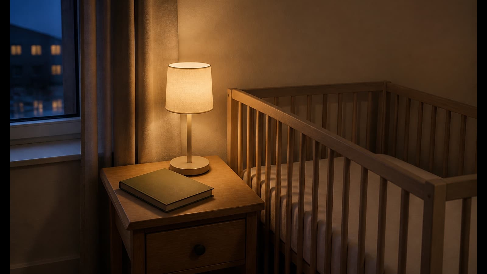 Angolo nanna essenziale con luce serale e libro chiuso