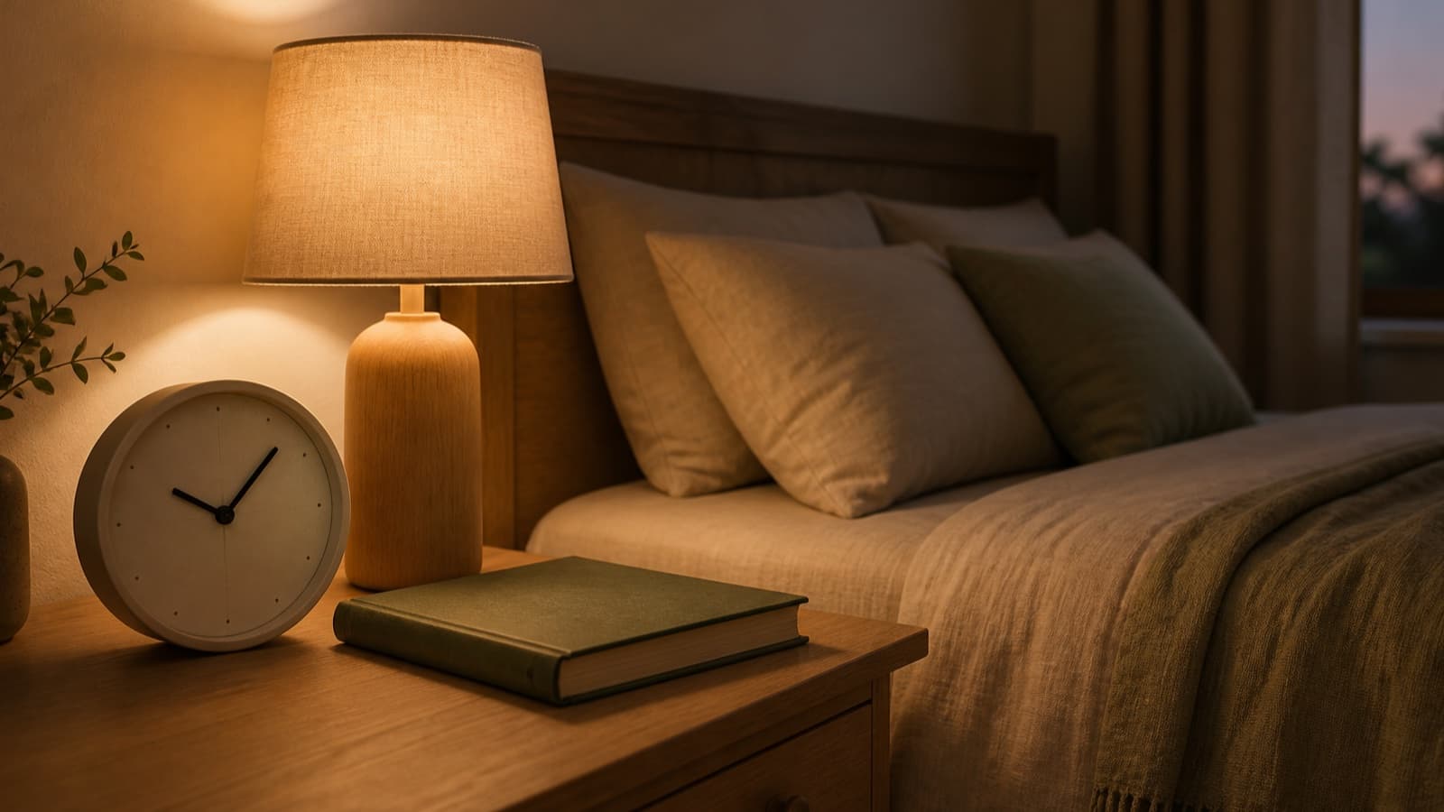Orologio analogico, libro e lampada in una camera pronta per la notte