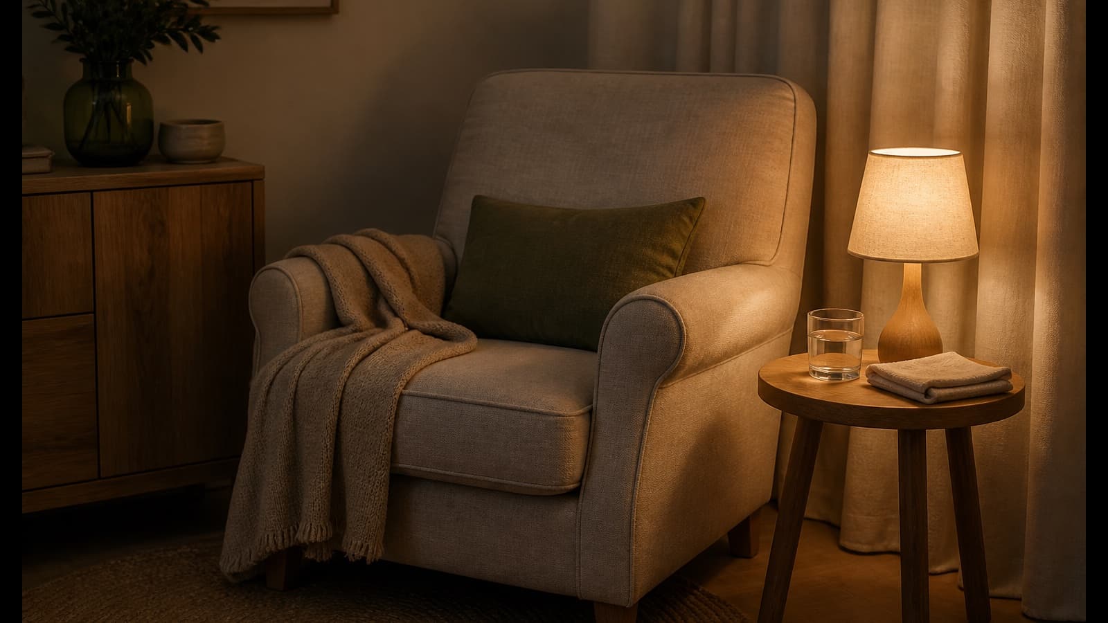 Poltrona da allattamento con bicchiere d'acqua e luce notturna soffusa