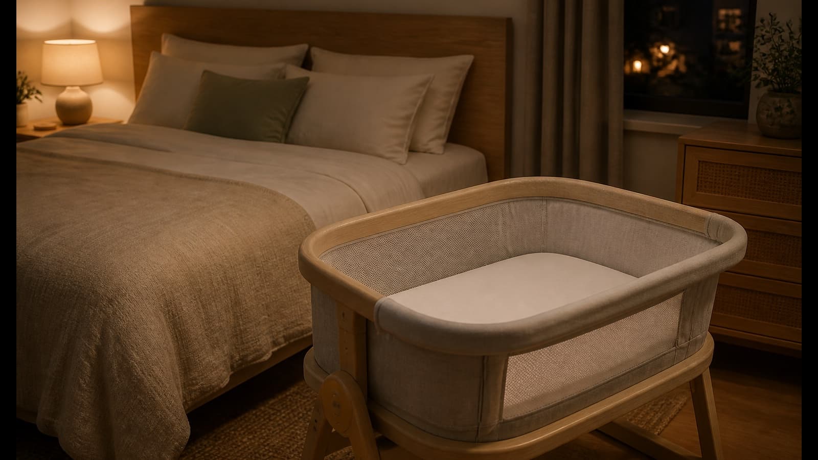 Camera con letto adulto ordinato e culla separata affiancata