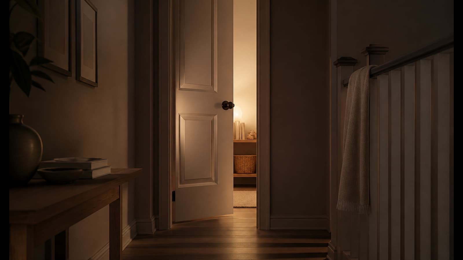 Corridoio in penombra con porta socchiusa e luce notturna