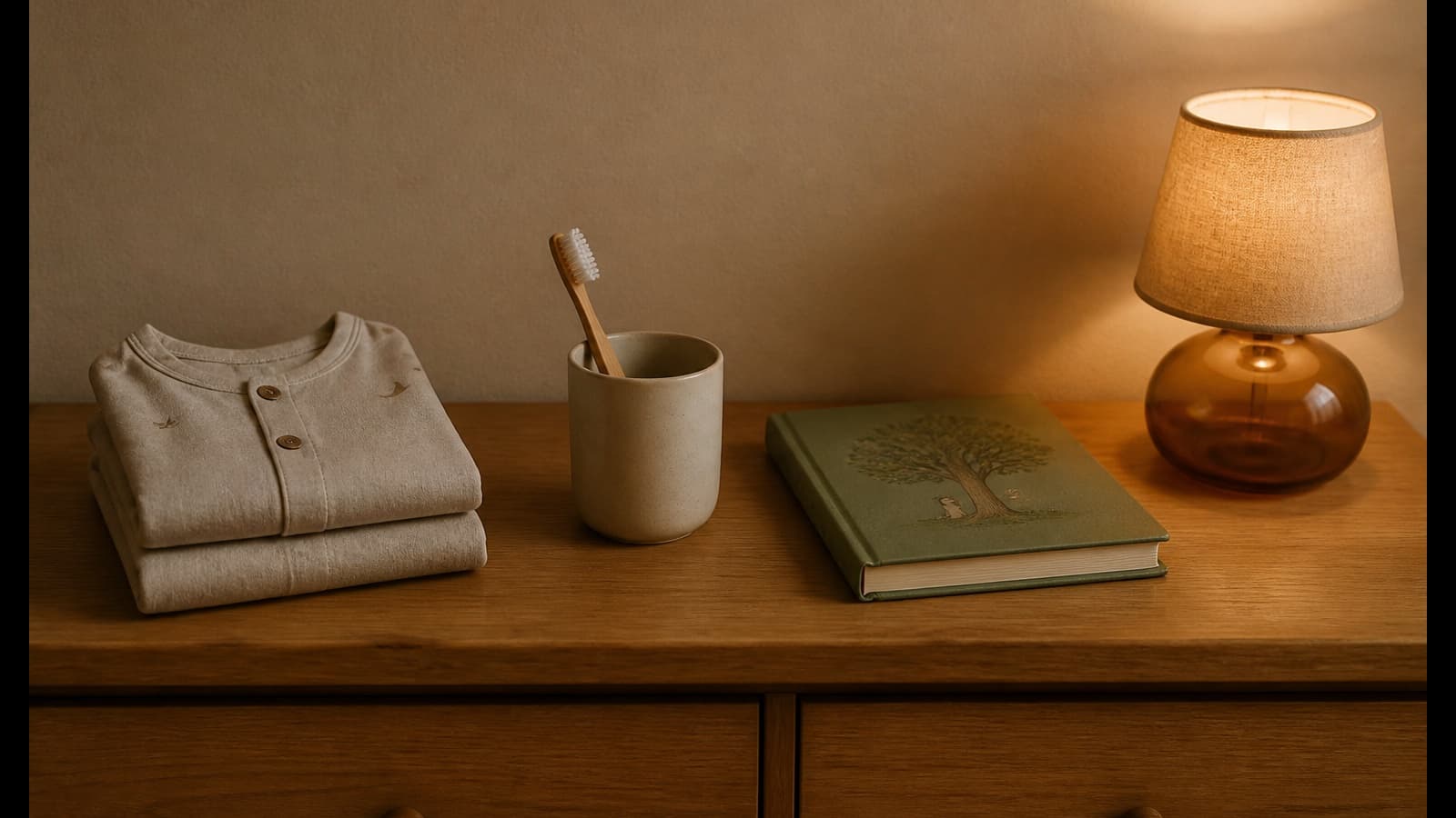 Pigiama piegato, libro e lampada disposti in una sequenza serale semplice