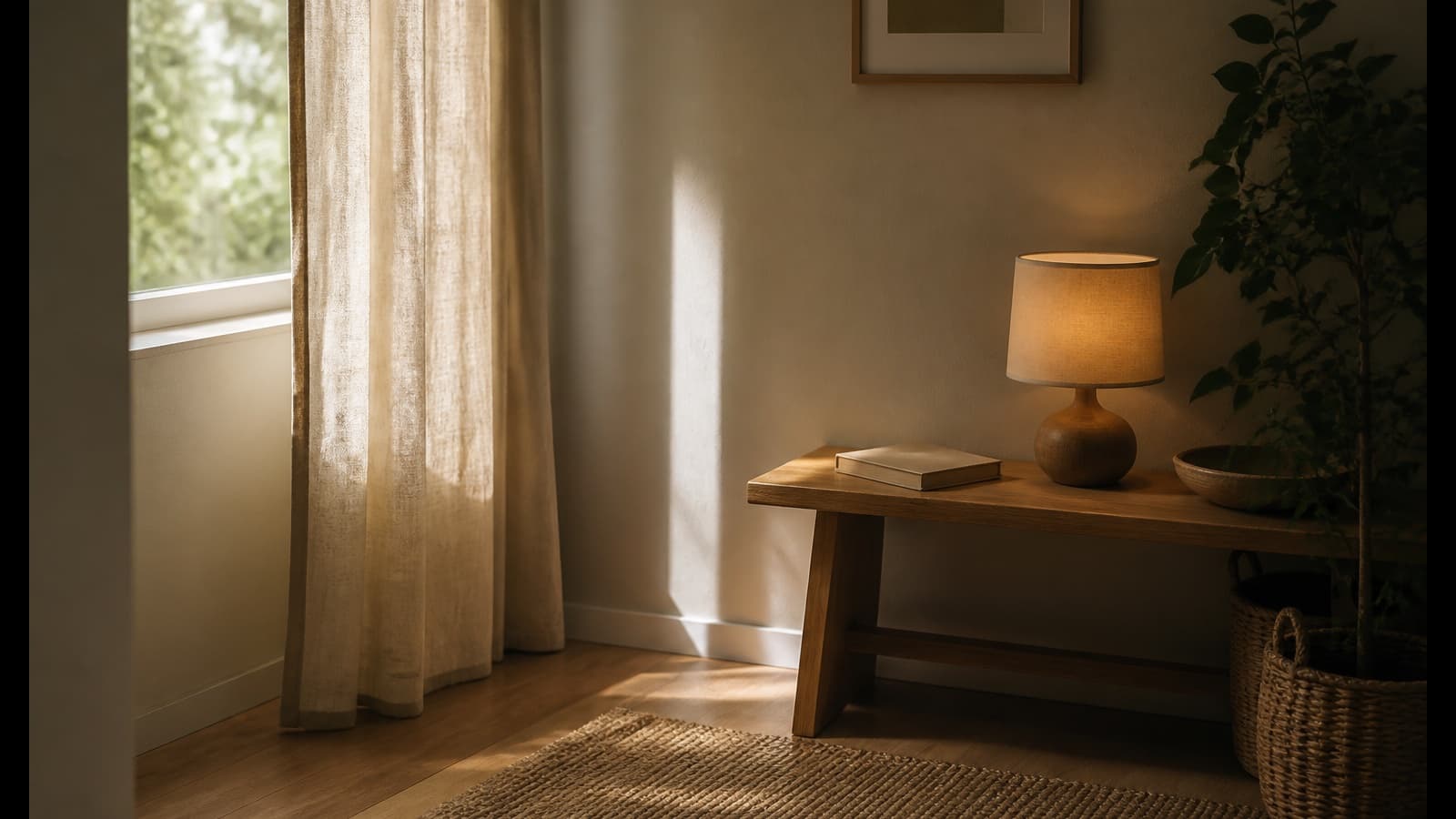 Tenda semiabbassata e tappeto illuminato dalla luce del primo pomeriggio