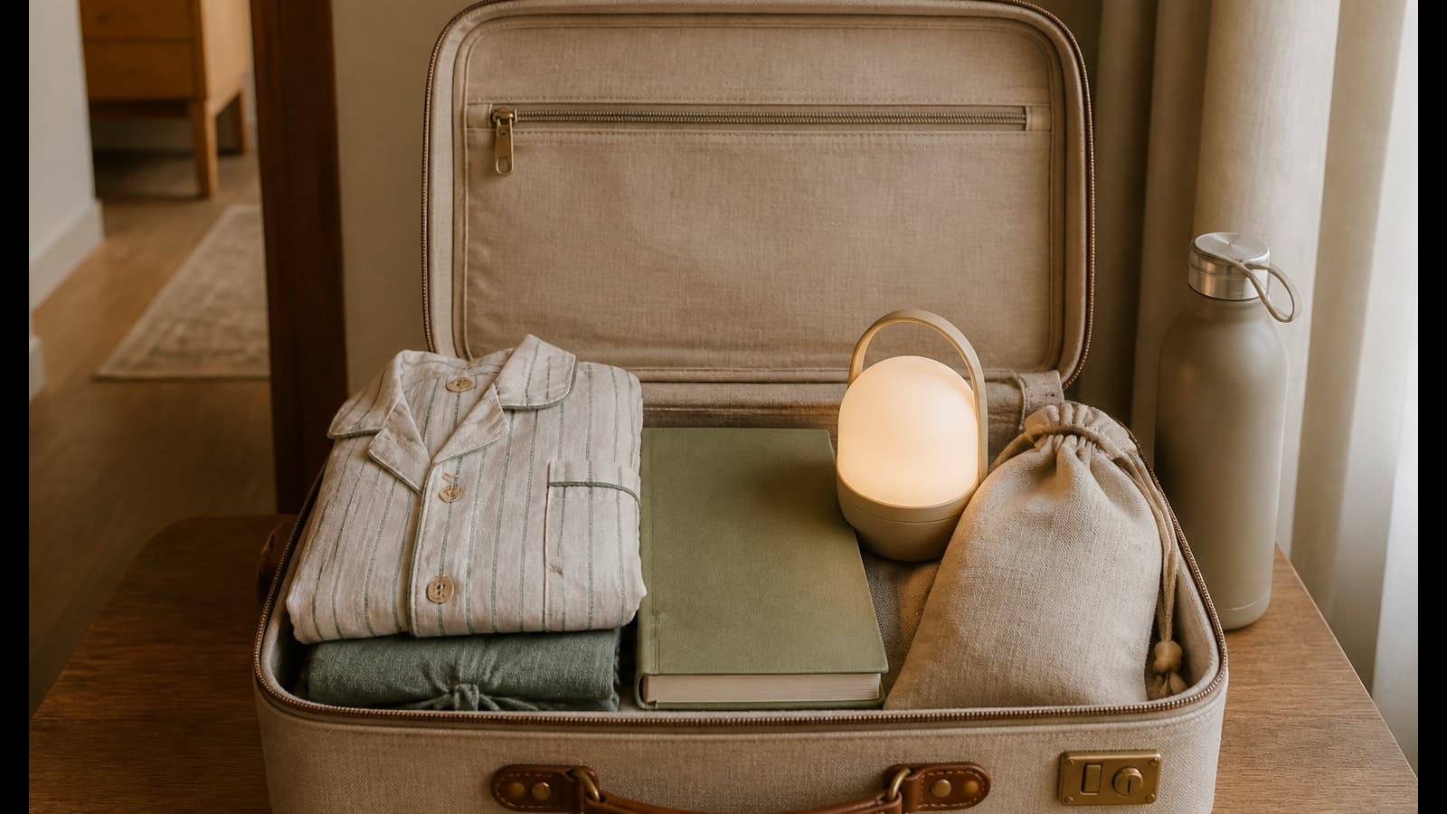Valigia aperta con pigiama, libro e piccola luce da viaggio